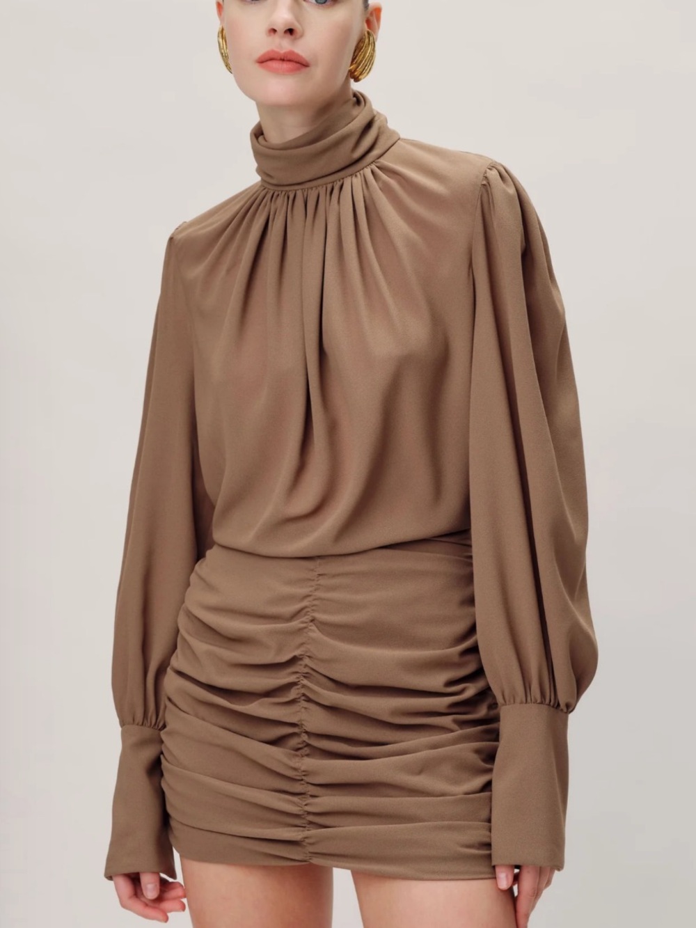 Ronny Kobo Collection Taupe High-Neck Ruched Mini Dress